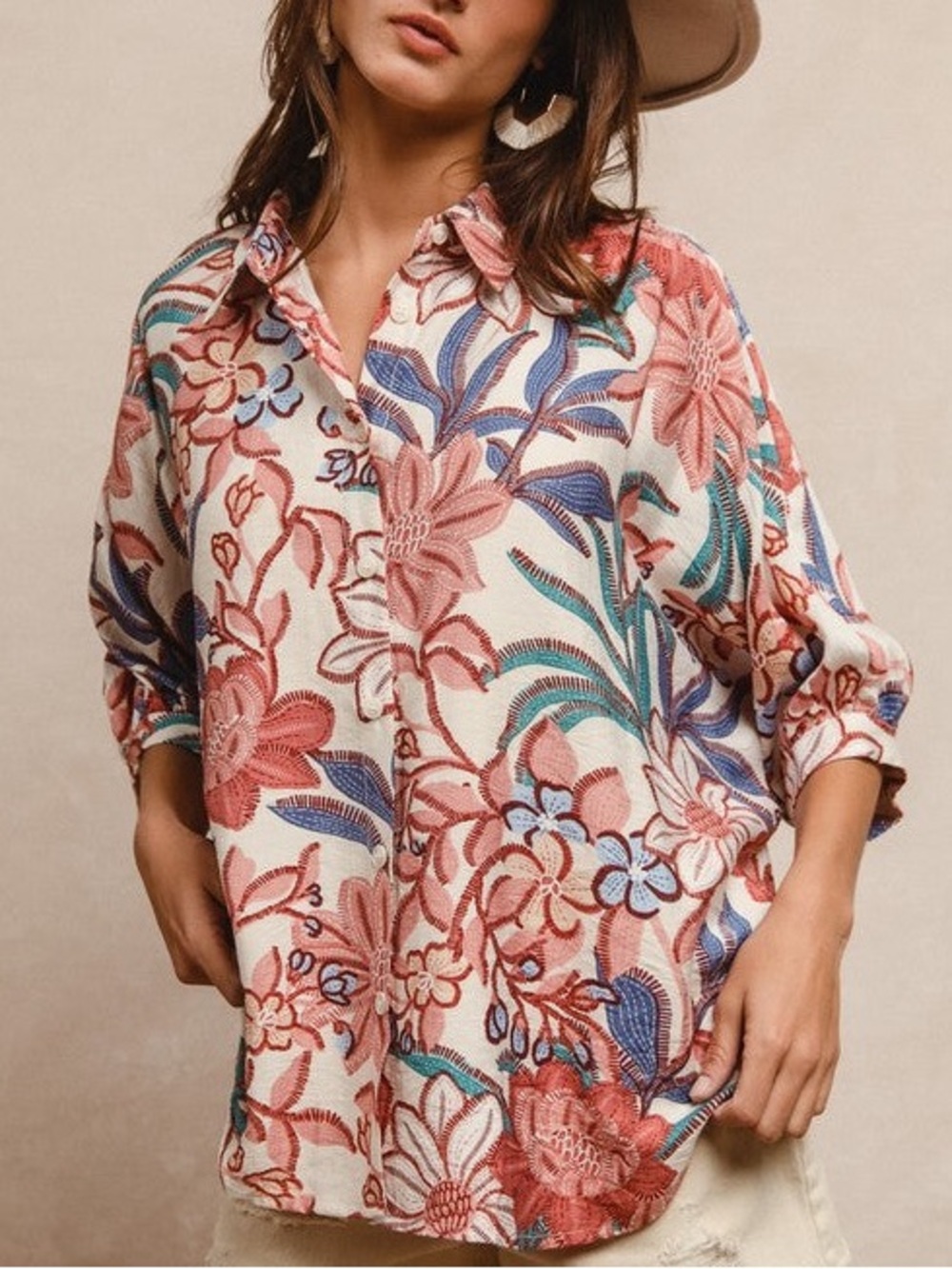 Bibi Bold Multicolor Floral Print Oversized Button Down Top - Picture 3 of 10